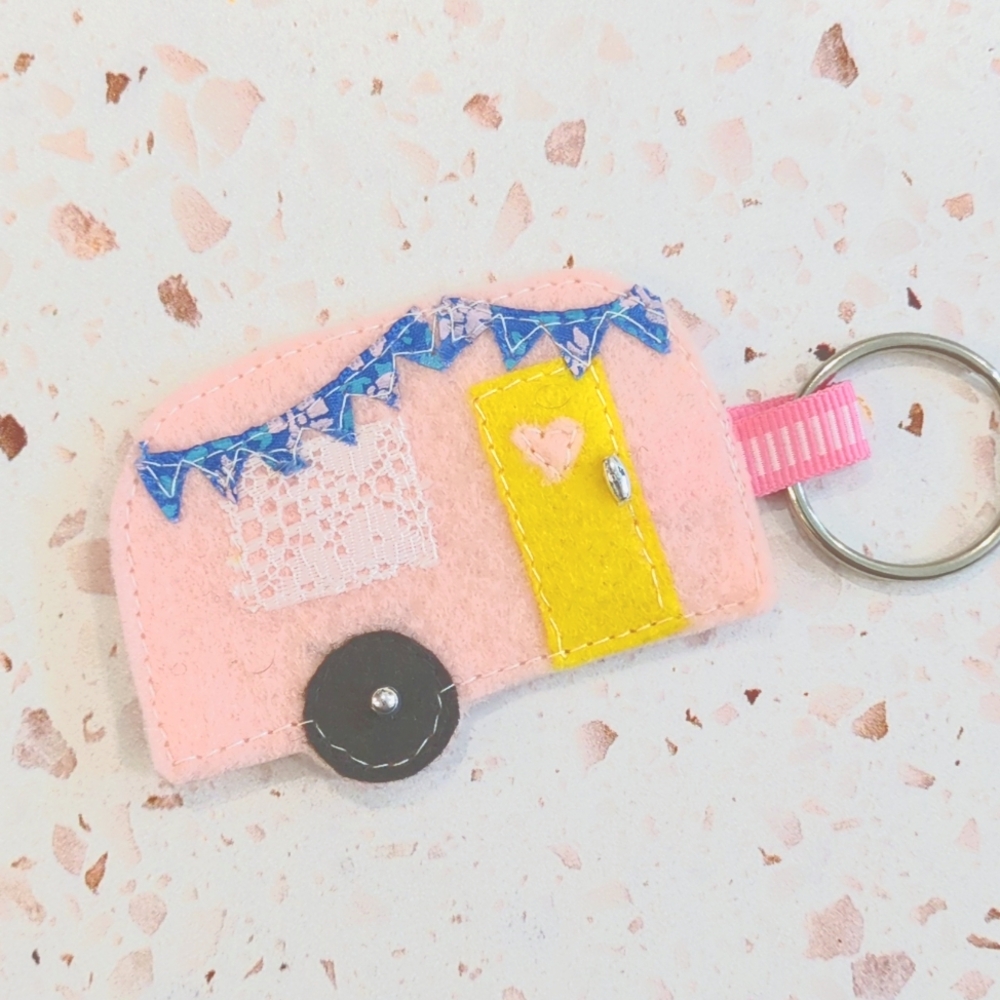 Pink Happy Camper Handcrafted Key Ring Felt Lace Ribbon Beads Calico | New #1